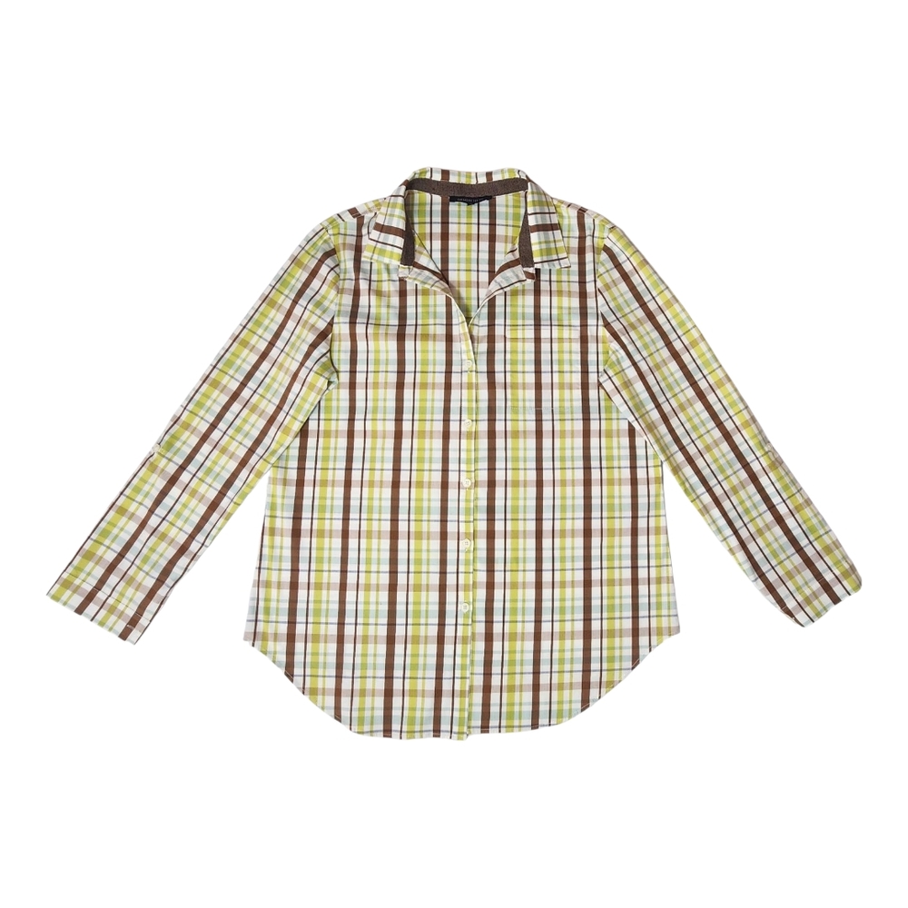 Lafayette 148 New York Womens Button Down Shirt Plaid Long Sleeve Roll Tab